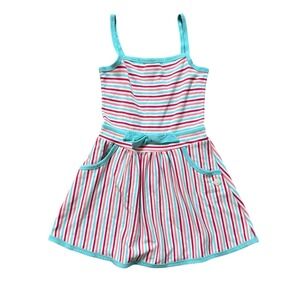 American Girl BeForever Girls Pink Red Striped Sundress Size 7 Turquoise Trim